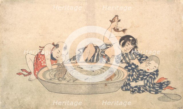 Boys Playing with a Basin of Fish and Turtles, early 19th century. Creator: Kitao Shigemasa.