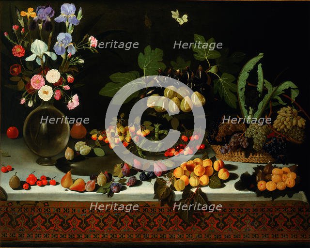 Flower and fruit on a table, ca. 1600. Creator: Maestro di Hartford (active End of 16th - Early 17th cen.).