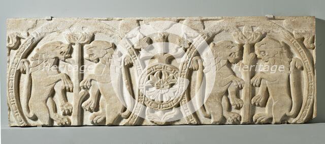 Fragment with Lions Rampant from a Choir Screen or Ambo, c.1100. Creator: Unknown.
