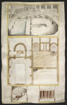 View and plans of the Roman baths at Bath, co. Somerset..., 1762. Creator: William Hoare.
