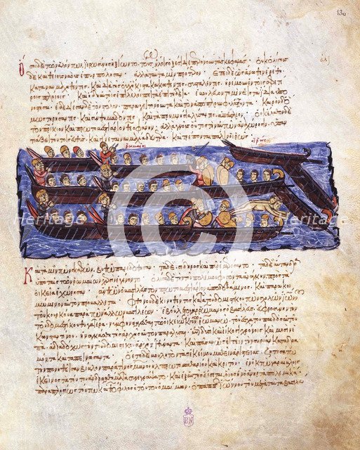 The repulsion of the Russian attack on Constantinople in 941 by the Byzantine fleet (Miniature from  Artist: Anonymous  