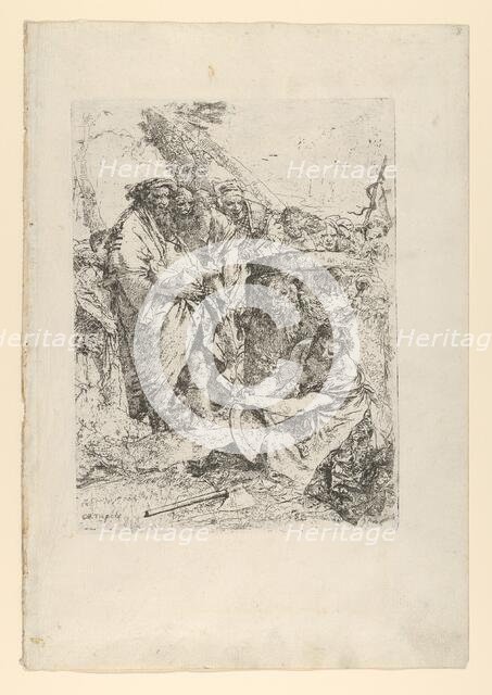 Woman kneeling in front of magicians and other figures, from the Scherzi, ca. 1743-50. Creator: Giovanni Battista Tiepolo.