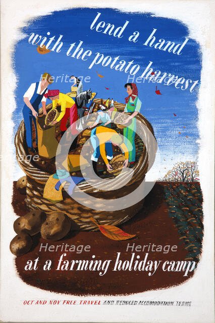 'Lend a hand with the potato harvest at a farming holiday camp...', WWII poster, between 1939 & 1946 Creator: Central Office of Information.