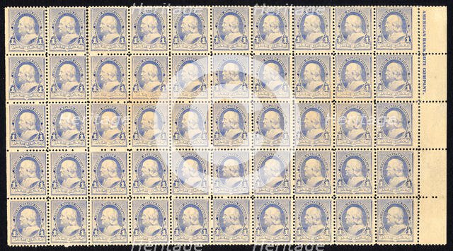 1c Franklin imprint block of fifty, 1890. Creator: American Bank Note Company.