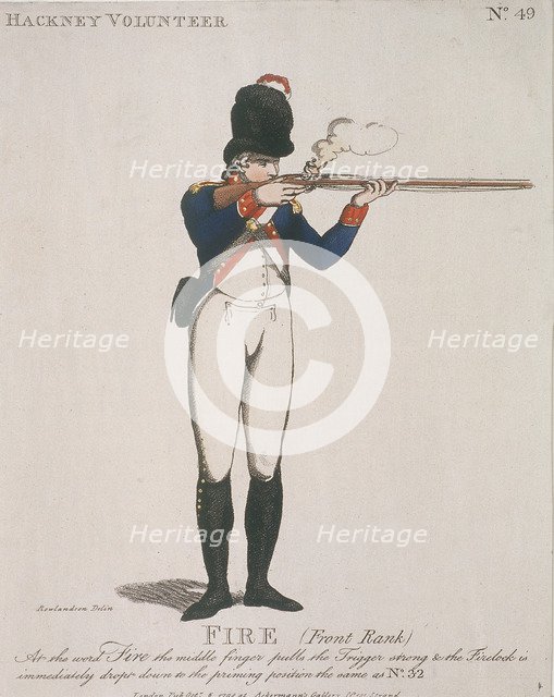 Hackney Volunteer firing a rifle, 1798. Artist: Anon