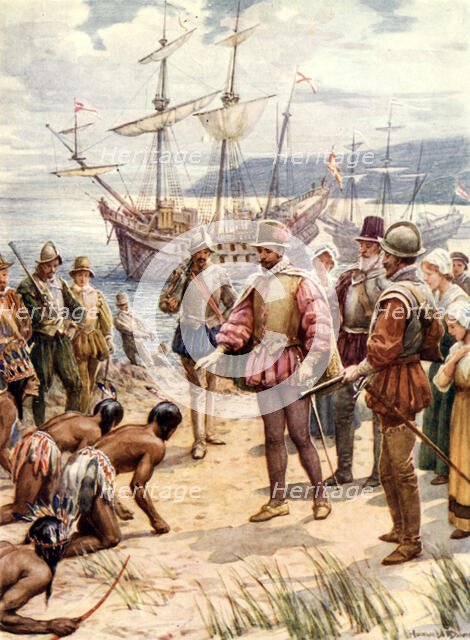 'Sir Walter Raleigh Landing in Virginia', c1900.  Creator: Howard Davie.