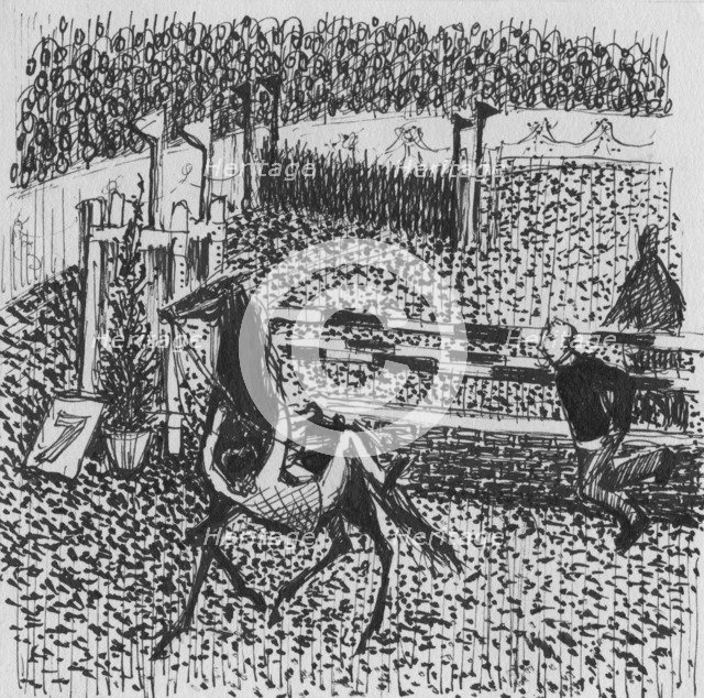 Show jumper falling off her horse, 1952. Creator: Shirley Markham.