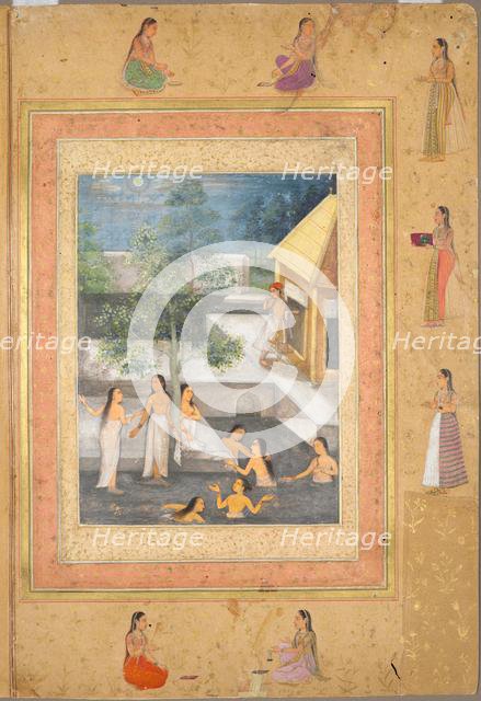Harem Night-Bathing Scene (recto): Calligraphy Framed by an Ornamental Border...(verso), c. 1650. Creator: Unknown.