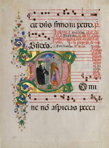 Manuscript Leaf with Saint Benedict Resuscitating a Boy in an Initial D, from an Antiphonary. Creator: Master of the Riccardiana Lactantius.