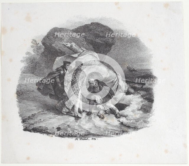 Shipwrecked Victim Thrown onto the Shore of Pourville, 1822. Creator: Émile Jean-Horace Vernet.