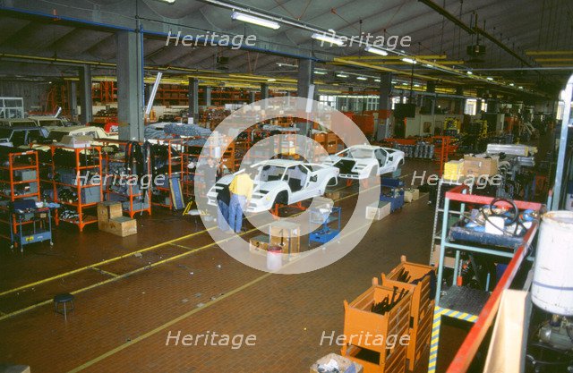 Lamborghini factory 1988.Countach under construction. Artist: Unknown.
