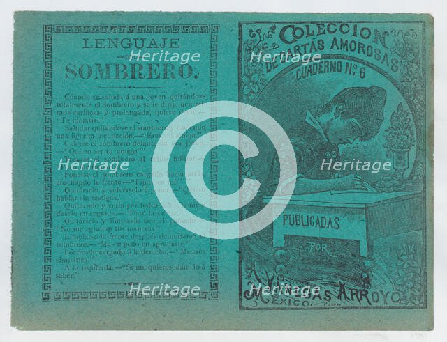 Cover for 'Coleccion de Cartas Amorosas Cuaderno No. 6', a young woman writing a lette..., ca. 1900. Creator: José Guadalupe Posada.