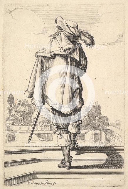 A gentleman, seen from behind, walking up a parapet, with a cloak over his left shoulder..., 1629. Creator: Abraham Bosse.