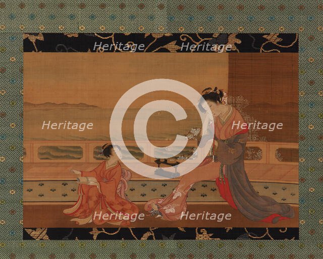 Two girls on a balcony overlooking the sea, Edo period, 1739-1820. Creator: Kitao Shigemasa.