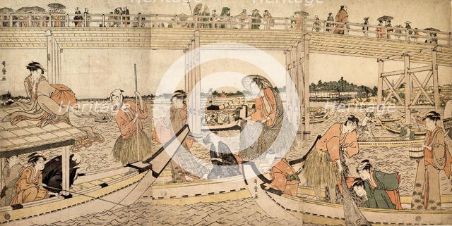 Fishing Boats with Nets under Ryogoku Bridge, 1790s. Creator: Kitagawa Utamaro.
