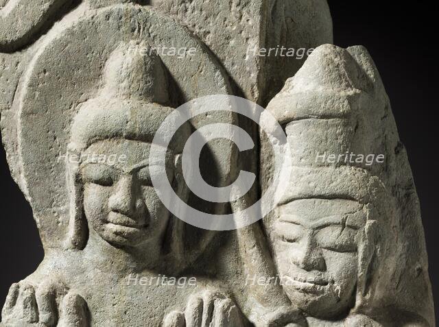 A Buddha Flanked by Figures Standing on a Mythical Creature (image 6 of 6), 8th-9th century. Creator: Unknown.