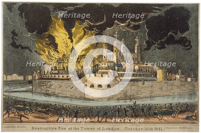 Fire at the Armoury in the Tower of London, 30 October 1841. Artist: Anon