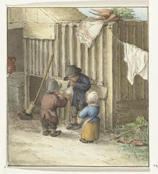 Three children playing with a pig bladder, 1775-1833. Creator: Jean Bernard.