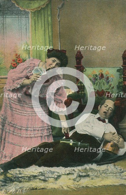 A postcard of a wife taking her drunk husband's money. Artist: Unknown