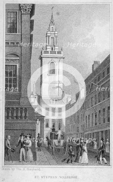 Church of St Stephen Walbrook from the corner of Mansion House, City of London, 1830.                Artist: R Acon
