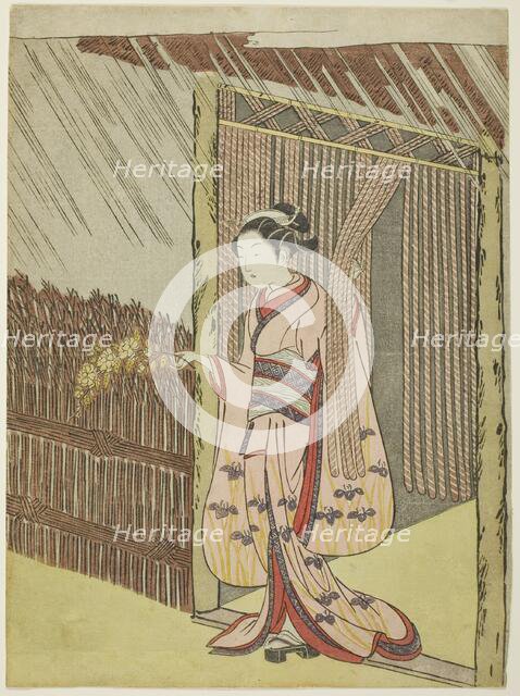 Woman Holding a Branch of Kerria Flowers in the Rain (parody of Ota Dokan), c. 1766/67. Creator: Suzuki Harunobu.