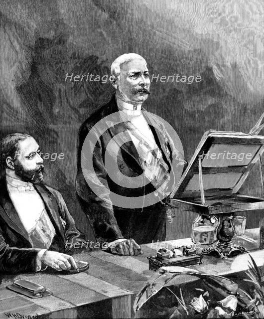 Meeting of the Royal Geographical Society...in the Royal Albert Hall; Mr. Stanley speaking, 1890. Creator: P Naumann.