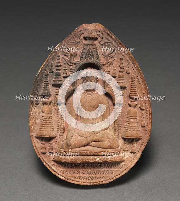 Votive Plaque with Figure of the Buddha, Temple at Bodhgaya, and Stupas, 800s. Creator: Unknown.