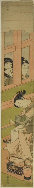 Courtesan Writing a Letter as Two Men Watch through a Window Lattice, c. 1769/70. Creator: Suzuki Harunobu.