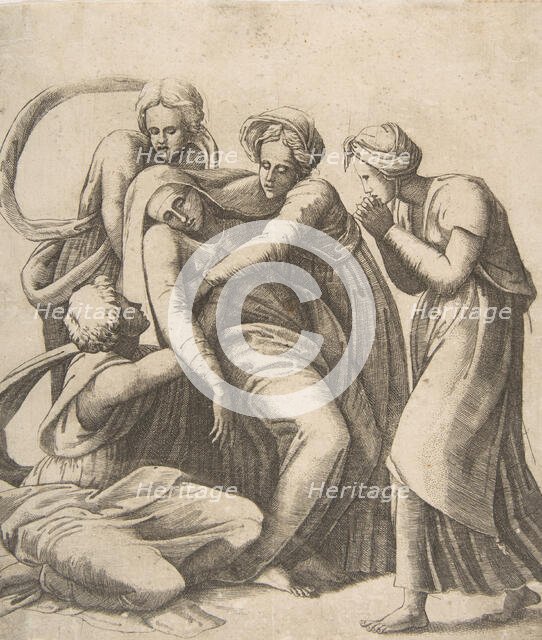The Virgin fainting and being supported in the arms of the holy women, 1531-76. Creator: Giulio Bonasone.