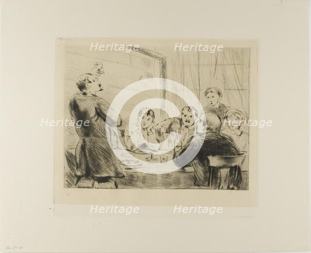 Plate from l'Assommoir (man proposing a toast at table with five other people), 1878. Creator: Gaston la Touche.