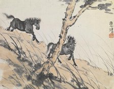 Two horses on hillside, early 1900s. Creator: Xu Beihong.