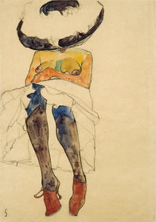 Seated semi-nude with hat and purple stockings, 1910.