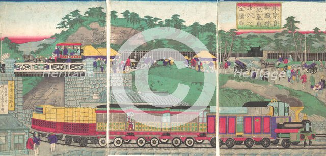 Illustration of a Steam Locomotive Running on the Takanawa Railroad in Tokyo (Tokyo ta..., ca. 1873. Creator: Utagawa Kuniteru.