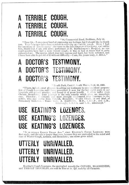Advertisement for Keating's Cough Lozenges, 1898. Creator: Unknown.