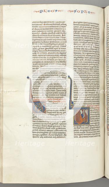 Fol. 362v, Zephaniah, historiated initial V, Zephaniah kneeling with a scroll, bust of God..., c. 12 Creator: Unknown.