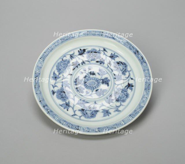 Dish with Peony Scrolls and Chrysanthemum Spray, and..., Ming dynasty, Hongwu period (1368-98). Creator: Unknown.