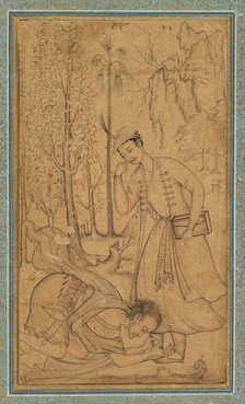 A Holy Man Prostrating Himself Before a Learned Prince, c. 1585; border added probably 1700s. Creator: Manohar (Indian), attributed to ; Basavana (Indian, active c. 1560-1600), and.