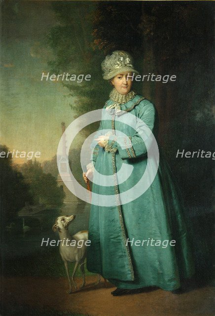 Catherine II strolling in the park at Tsarskoye Selo with the Chesme Column in the background, 1794. Artist: Borovikovsky, Vladimir Lukich (1757-1825)