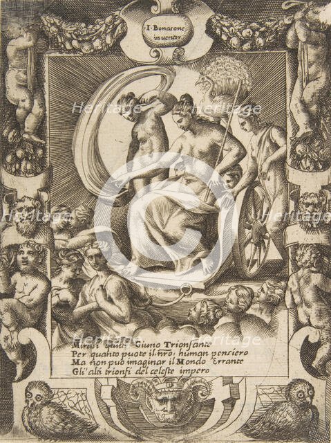 The triumph of Juno who is sat in a carriage, set within a elaborate frame, from the '(..., 1531-76. Creator: Giulio Bonasone.