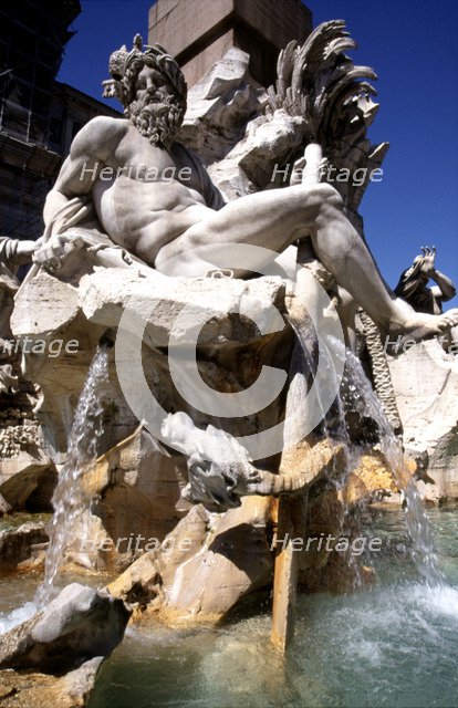 Detail of one of the Sculptures in the fountain 'dei quatro fiumi' or Fountain of the Four Rivers…