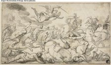 Battle Scene with Horsemen Fleeing from Avenging Angel, c. 1650. Creator: Dirck Hals.