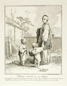 Married Woman and her Children, plate five from Divers Habillements des Peuples du Nord, 1765. Creator: Jean Baptiste Le Prince.