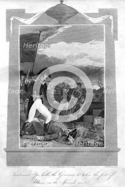 Lieutenant Yeo kills the governor and takes the fort of Muros on the Spanish coast, 1816. Artist: T Wallis