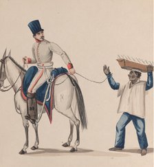 A soldier on horseback holding a rope that secures an indigenous slave balancing a plate..., ca. 184 Creator: Attributed to Francisco (Pancho) Fierro.