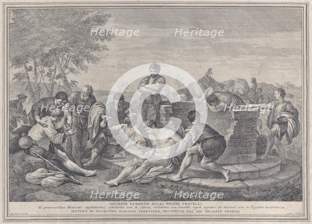 Joseph being sold into slavery by his brothers, who sit around a well dividing up the c..., 1730-39. Creator: Pietro Monaco.