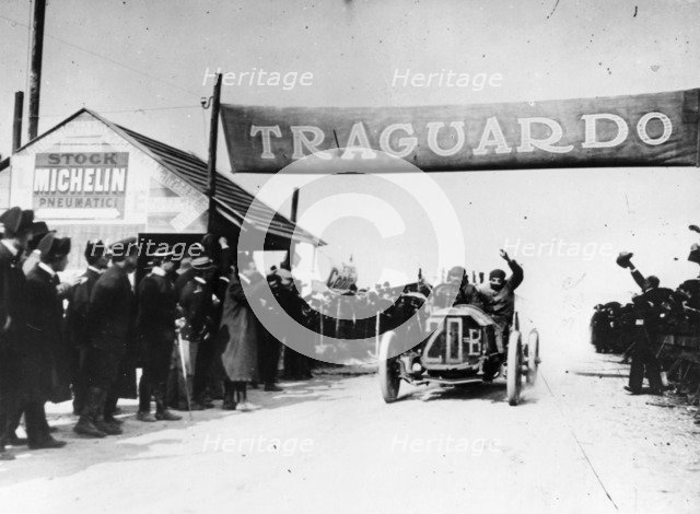 Felice Nazzaro in a Fiat winning the Targo Florio race, Sicily, 1907. Artist: Unknown