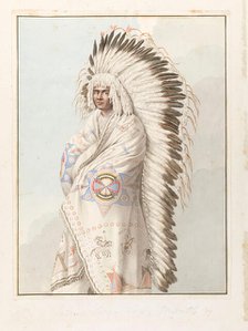 Native North American costume: a man wearing a decorated robe and a feather headdress, (1855?). Creator: Thomas Bateman.
