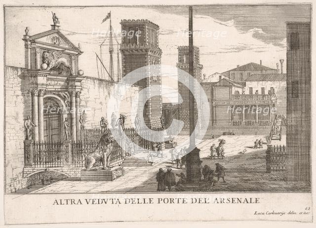 Plate 63: View of the gate of the shipyard and armory complex (Arsenale), Venice, 1703, fr..., 1703. Creator: Luca Carlevarijs.