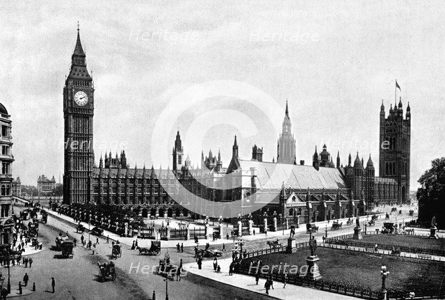 The Houses of Parliament and Westminster Hall seen from Parliament Square, London, c1905.Artist: London Stereoscopic & Photographic Co