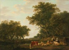 Landscape with Peasants with their Cattle and Anglers on the Water, 1800-1810. Creator: Jacob van Strij.